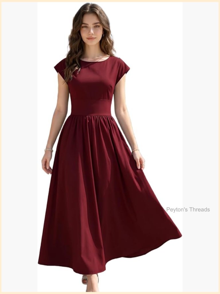 A-Line Midi Dress With Lace-Up Back: Short Cap Sleeve Flowy Casual Beach Summer
